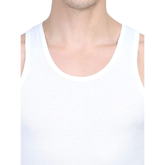 CRYSTAL VEST (3 Pcs) Men's Sleeveless Cotton White Rib Vest- U Shape Neck