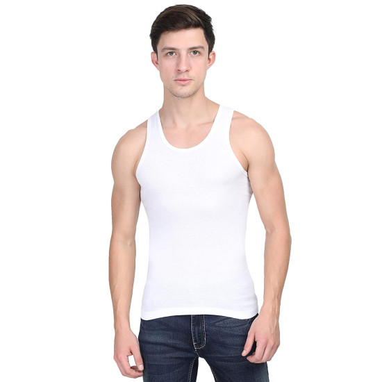 CRYSTAL VEST (3 Pcs) Men's Sleeveless Cotton White Rib Vest- U Shape Neck